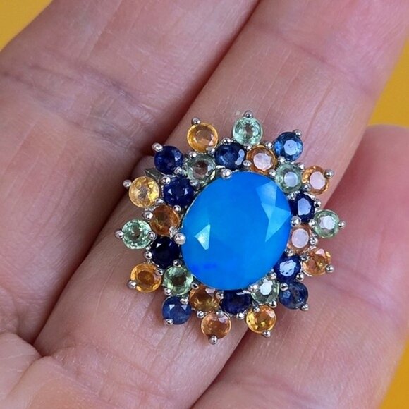 925 Sterling Silver Ring Sz 6.75 with Natural Blue Opal & Multi-Color Sapphire - Picture 3 of 11